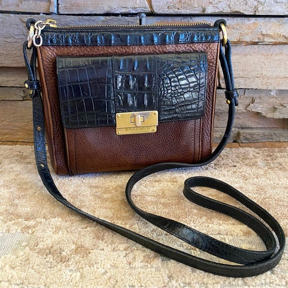 Brahmin Manhattan Croc Embossed Leather Crossbody Purse Handbag Small Brown - Picture 1 of 16
